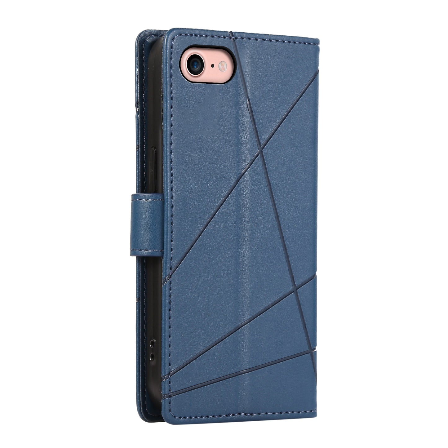 iPhone SE 2022/SE 2020 PU Genuine Leather Texture Embossed Line Phone Case with Card Wallet, Kickstand & Wrist Strap
