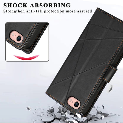 iPhone SE 2022/SE 2020 PU Genuine Leather Texture Embossed Line Phone Case with Card Wallet, Kickstand & Wrist Strap