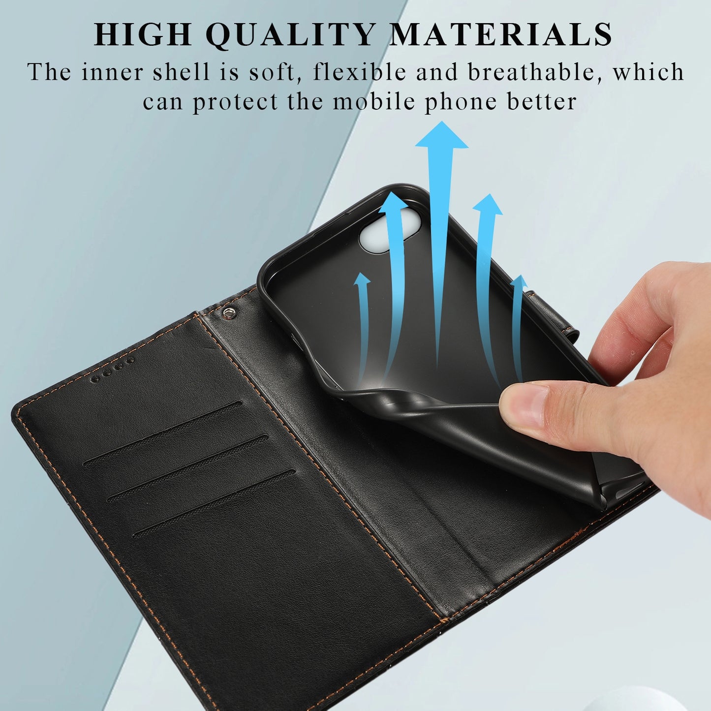 iPhone SE 2022/SE 2020 PU Genuine Leather Texture Embossed Line Phone Case with Card Wallet, Kickstand & Wrist Strap