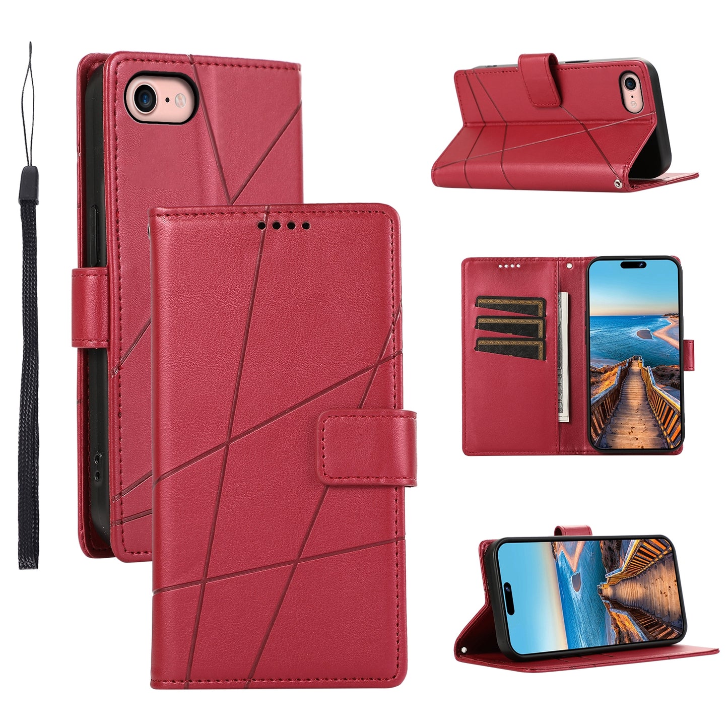 iPhone SE 2022/SE 2020 PU Genuine Leather Texture Embossed Line Phone Case with Card Wallet, Kickstand & Wrist Strap
