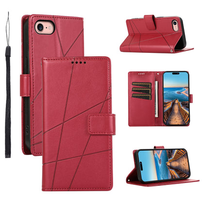 iPhone SE 2022/SE 2020 PU Genuine Leather Texture Embossed Line Phone Case with Card Wallet, Kickstand & Wrist Strap