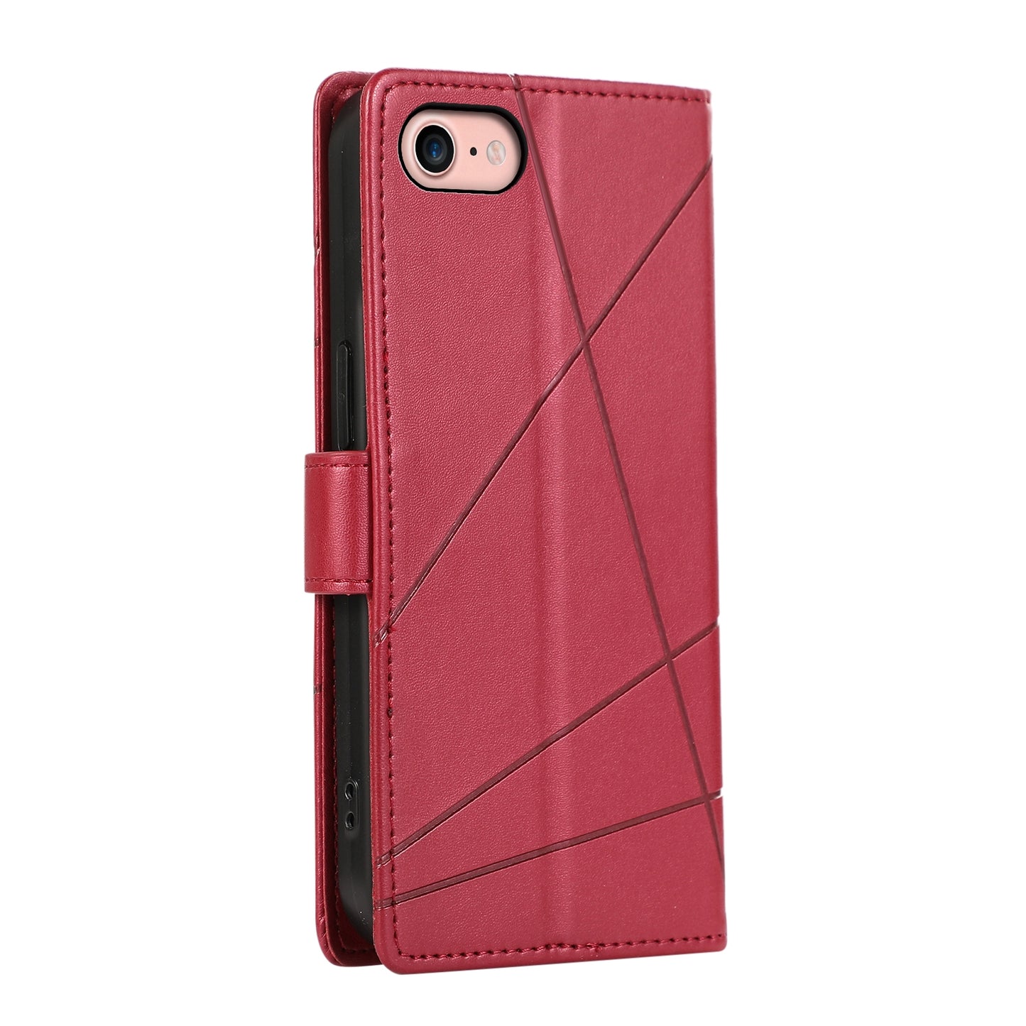 iPhone SE 2022/SE 2020 PU Genuine Leather Texture Embossed Line Phone Case with Card Wallet, Kickstand & Wrist Strap