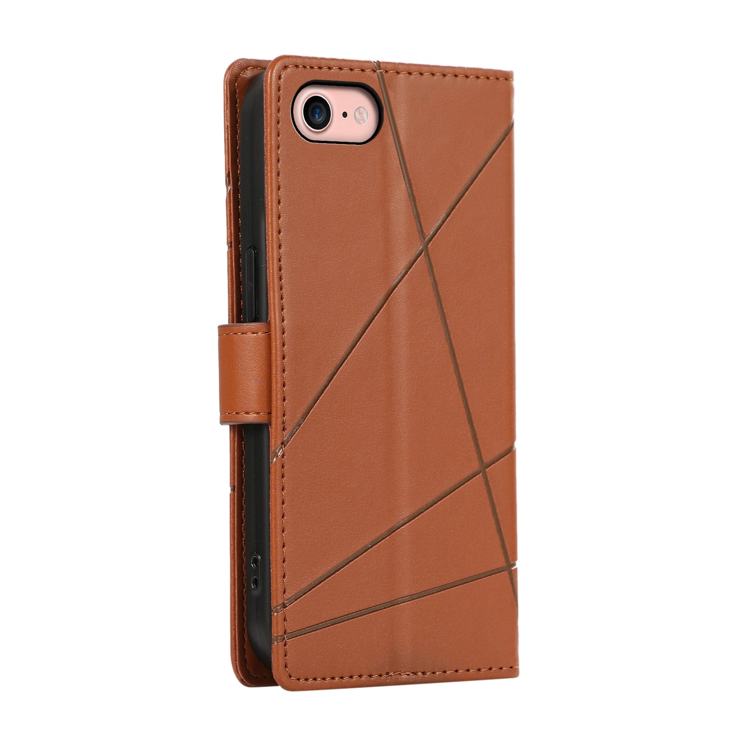iPhone SE 2022/SE 2020 PU Genuine Leather Texture Embossed Line Phone Case with Card Wallet, Kickstand & Wrist Strap