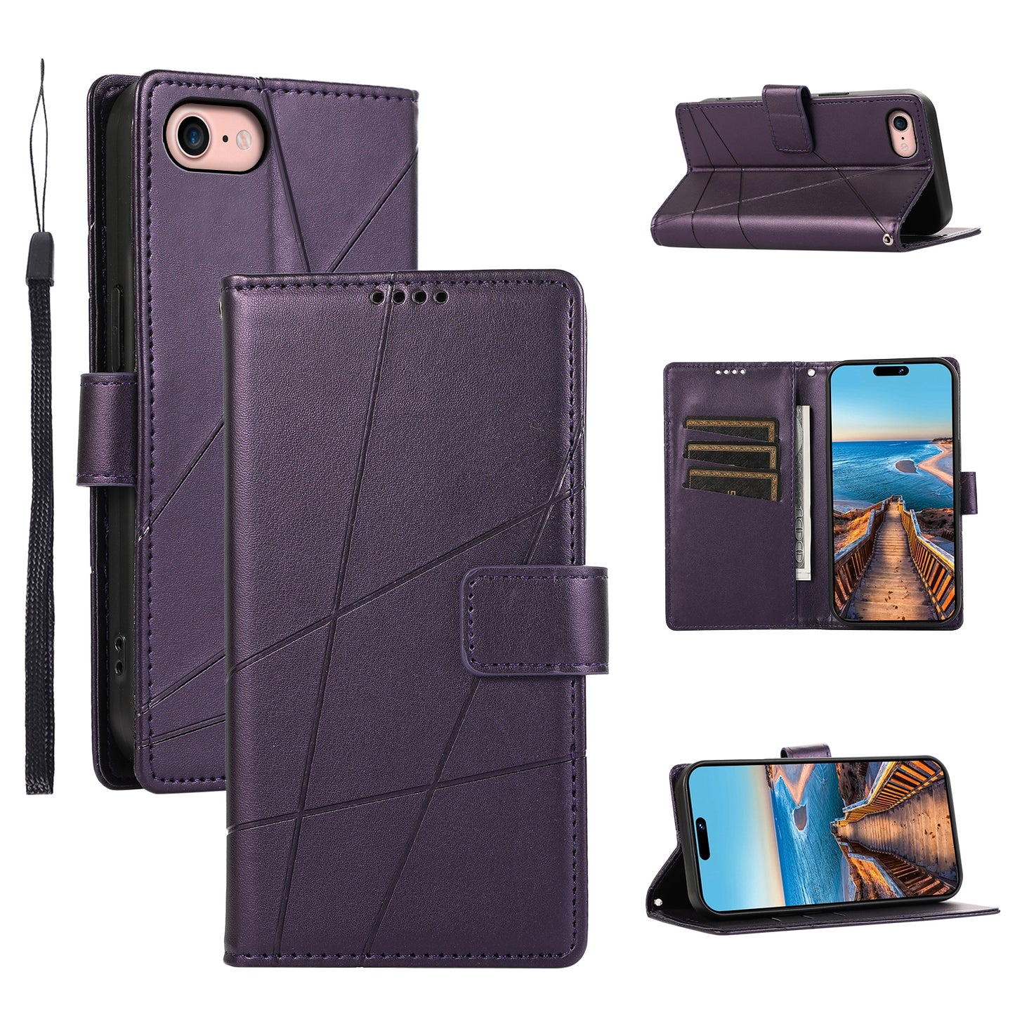 iPhone SE 2022/SE 2020 PU Genuine Leather Texture Embossed Line Phone Case with Card Wallet, Kickstand & Wrist Strap