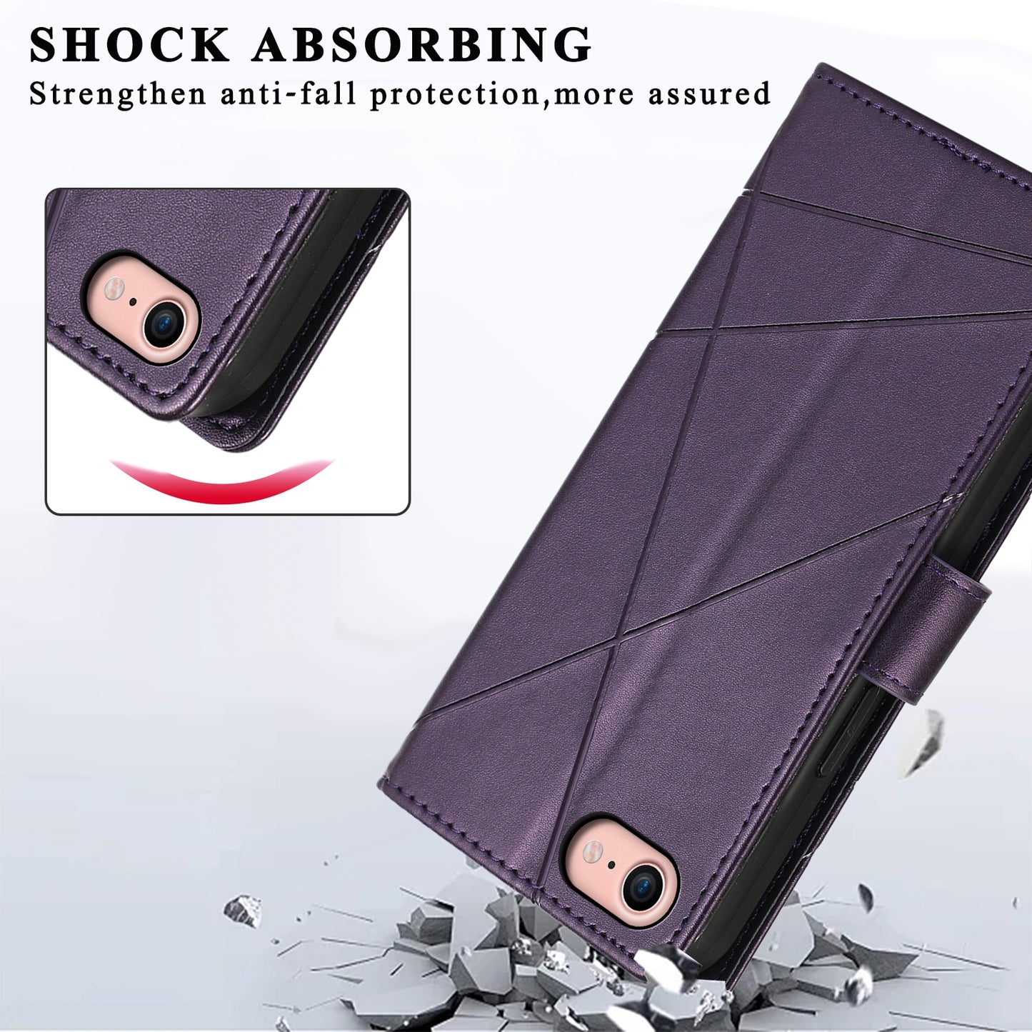 iPhone SE 2022/SE 2020 PU Genuine Leather Texture Embossed Line Phone Case with Card Wallet, Kickstand & Wrist Strap