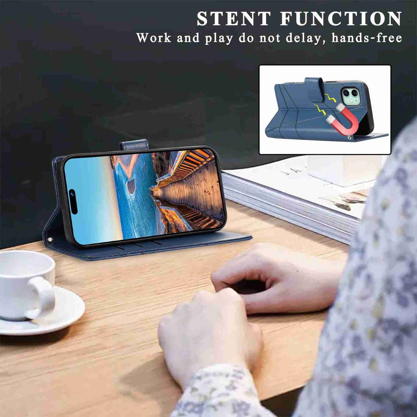 iPhone 11 PU Genuine Leather Texture Embossed Line Phone Case with Card Wallet, Kickstand & Wrist Strap