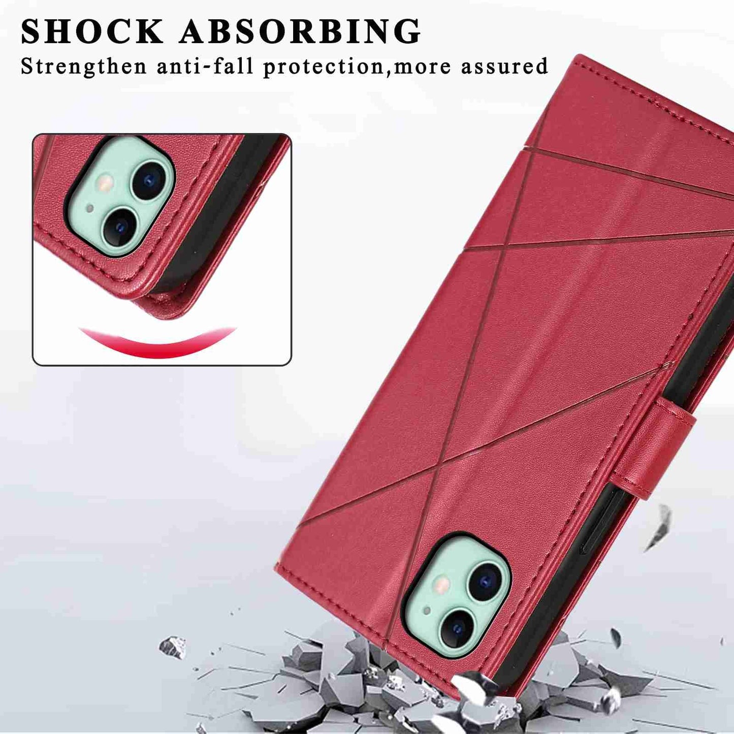 iPhone 11 PU Genuine Leather Texture Embossed Line Phone Case with Card Wallet, Kickstand & Wrist Strap
