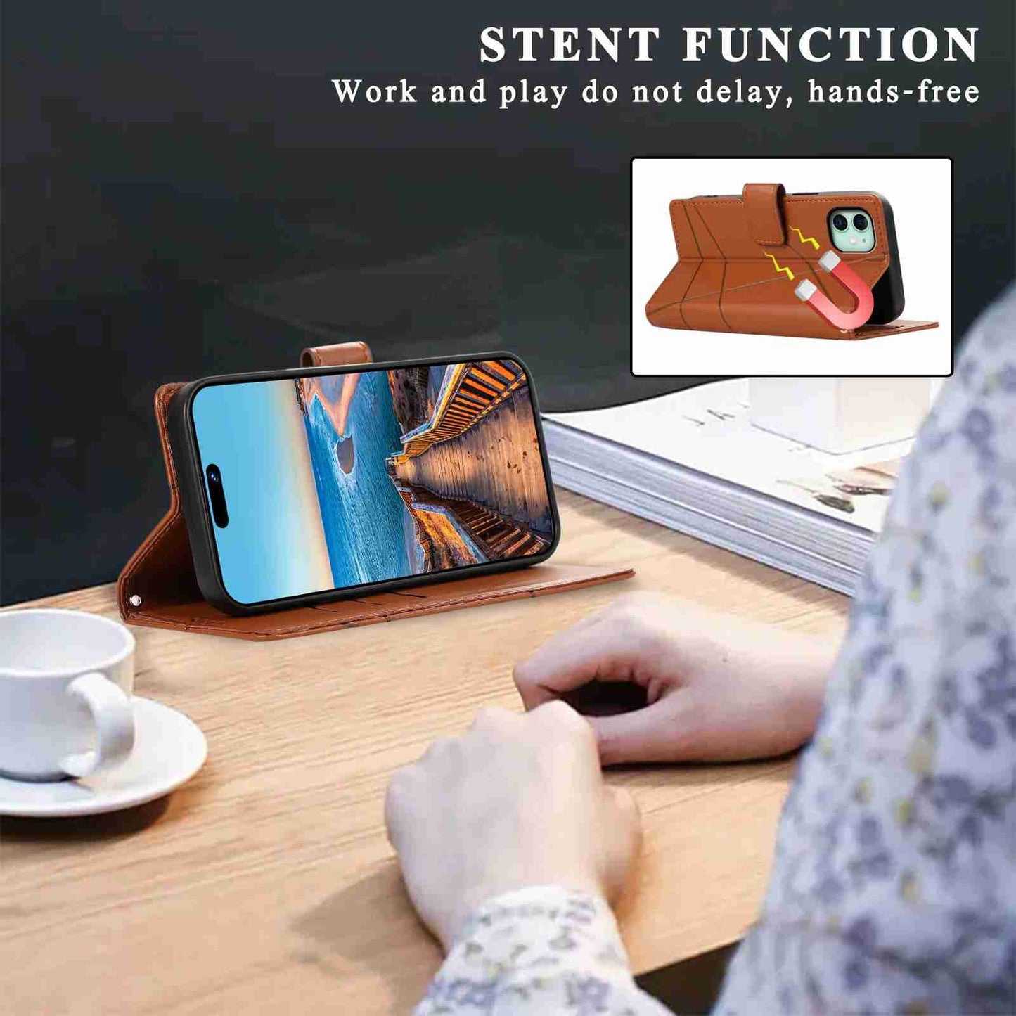 iPhone 11 PU Genuine Leather Texture Embossed Line Phone Case with Card Wallet, Kickstand & Wrist Strap