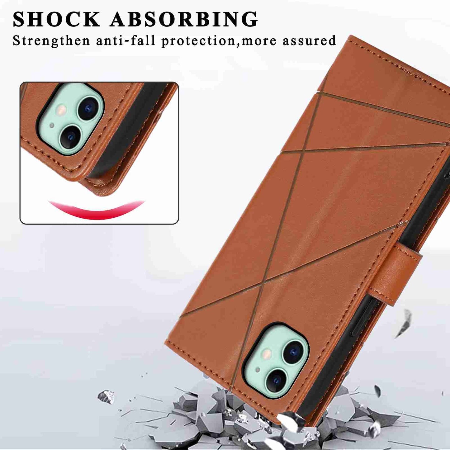 iPhone 11 PU Genuine Leather Texture Embossed Line Phone Case with Card Wallet, Kickstand & Wrist Strap