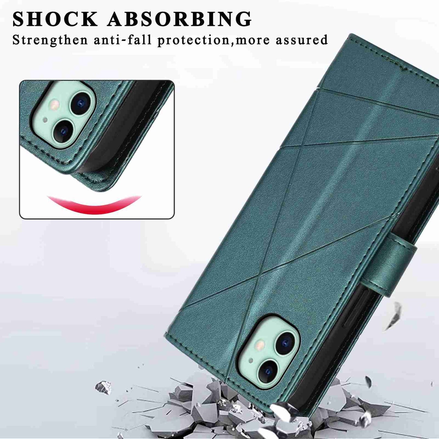 iPhone 11 PU Genuine Leather Texture Embossed Line Phone Case with Card Wallet, Kickstand & Wrist Strap