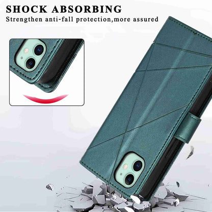 iPhone 11 PU Genuine Leather Texture Embossed Line Phone Case with Card Wallet, Kickstand & Wrist Strap