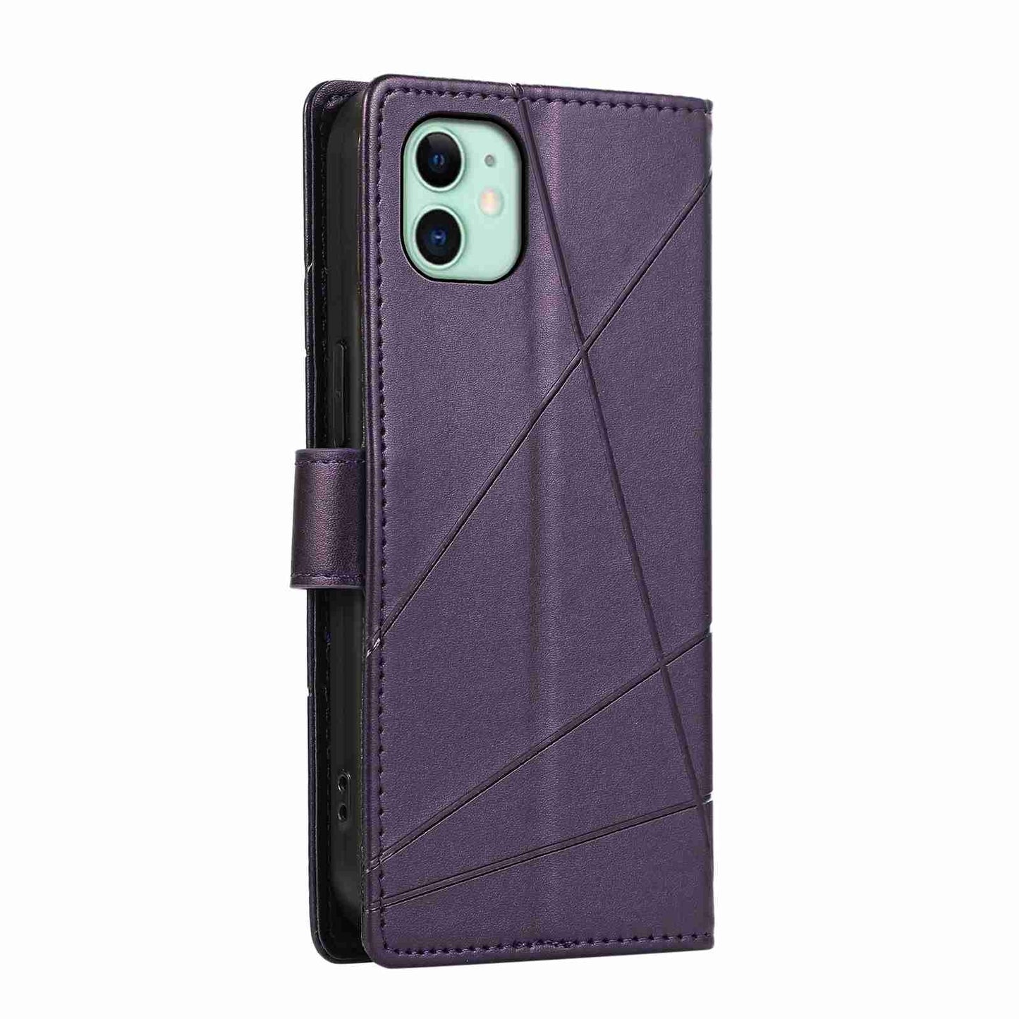 iPhone 11 PU Genuine Leather Texture Embossed Line Phone Case with Card Wallet, Kickstand & Wrist Strap