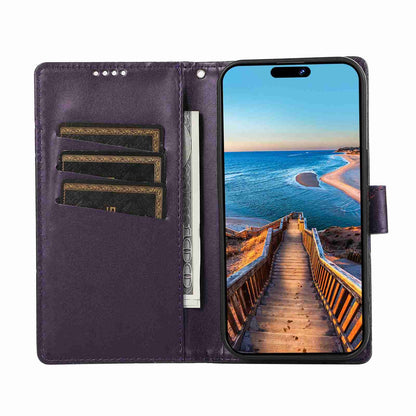 iPhone 11 PU Genuine Leather Texture Embossed Line Phone Case with Card Wallet, Kickstand & Wrist Strap