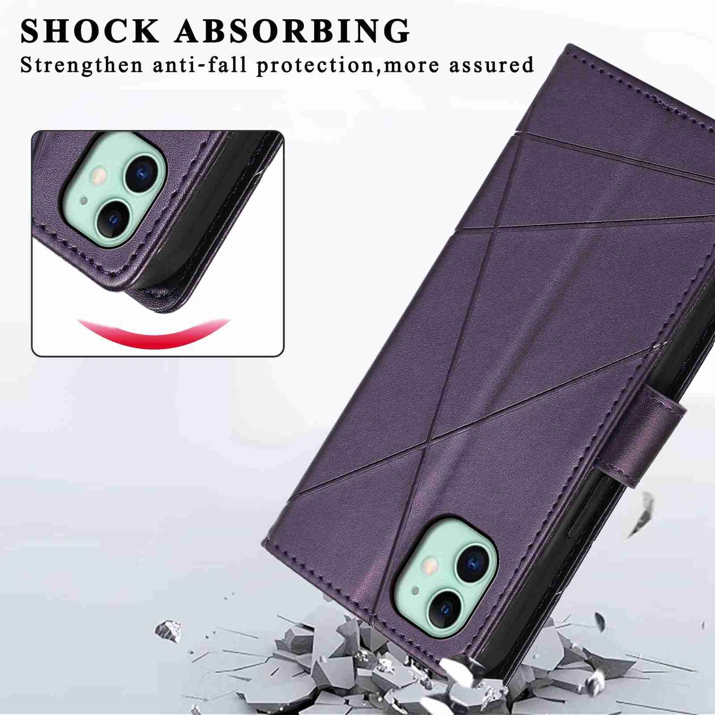 iPhone 11 PU Genuine Leather Texture Embossed Line Phone Case with Card Wallet, Kickstand & Wrist Strap