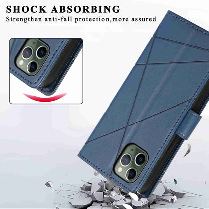 iPhone 11 Pro PU Genuine Leather Texture Embossed Line Phone Case with Card Wallet, Kickstand & Wrist Strap