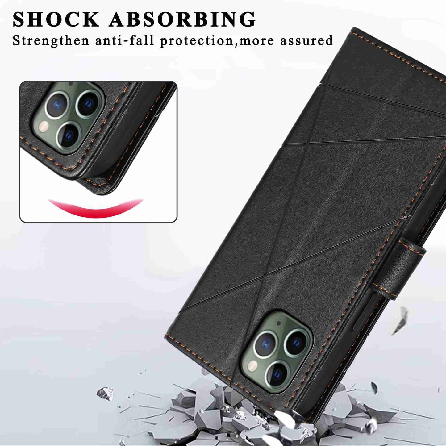 iPhone 11 Pro PU Genuine Leather Texture Embossed Line Phone Case with Card Wallet, Kickstand & Wrist Strap