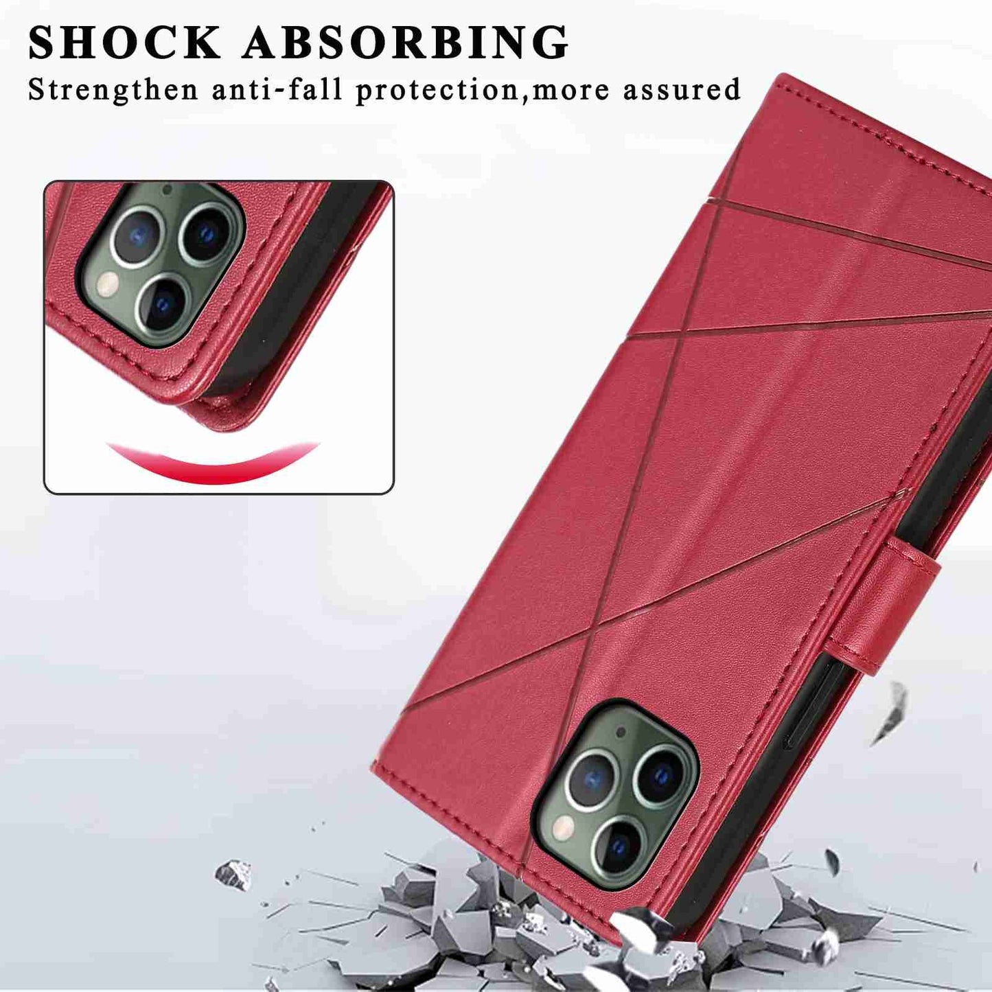 iPhone 11 Pro PU Genuine Leather Texture Embossed Line Phone Case with Card Wallet, Kickstand & Wrist Strap