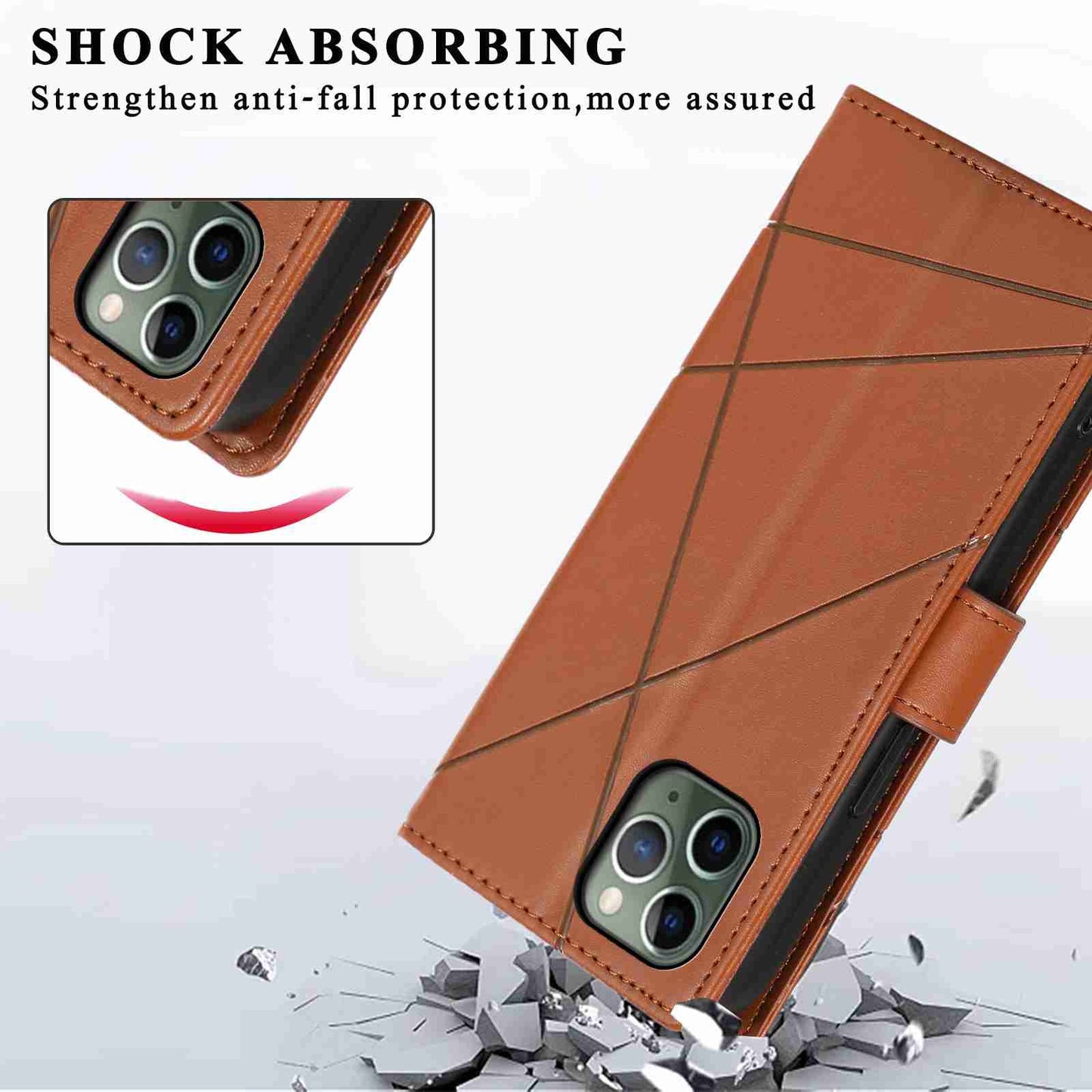 iPhone 11 Pro PU Genuine Leather Texture Embossed Line Phone Case with Card Wallet, Kickstand & Wrist Strap