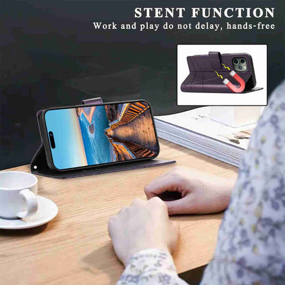 iPhone 11 Pro PU Genuine Leather Texture Embossed Line Phone Case with Card Wallet, Kickstand & Wrist Strap
