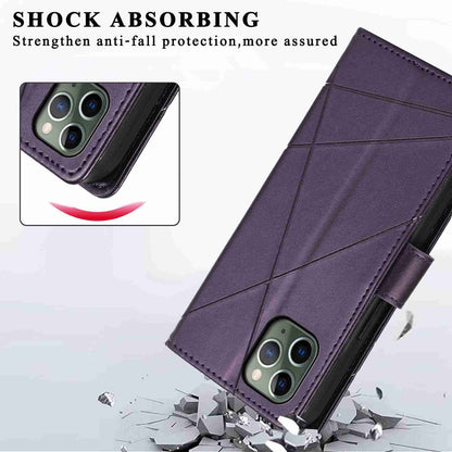 iPhone 11 Pro PU Genuine Leather Texture Embossed Line Phone Case with Card Wallet, Kickstand & Wrist Strap