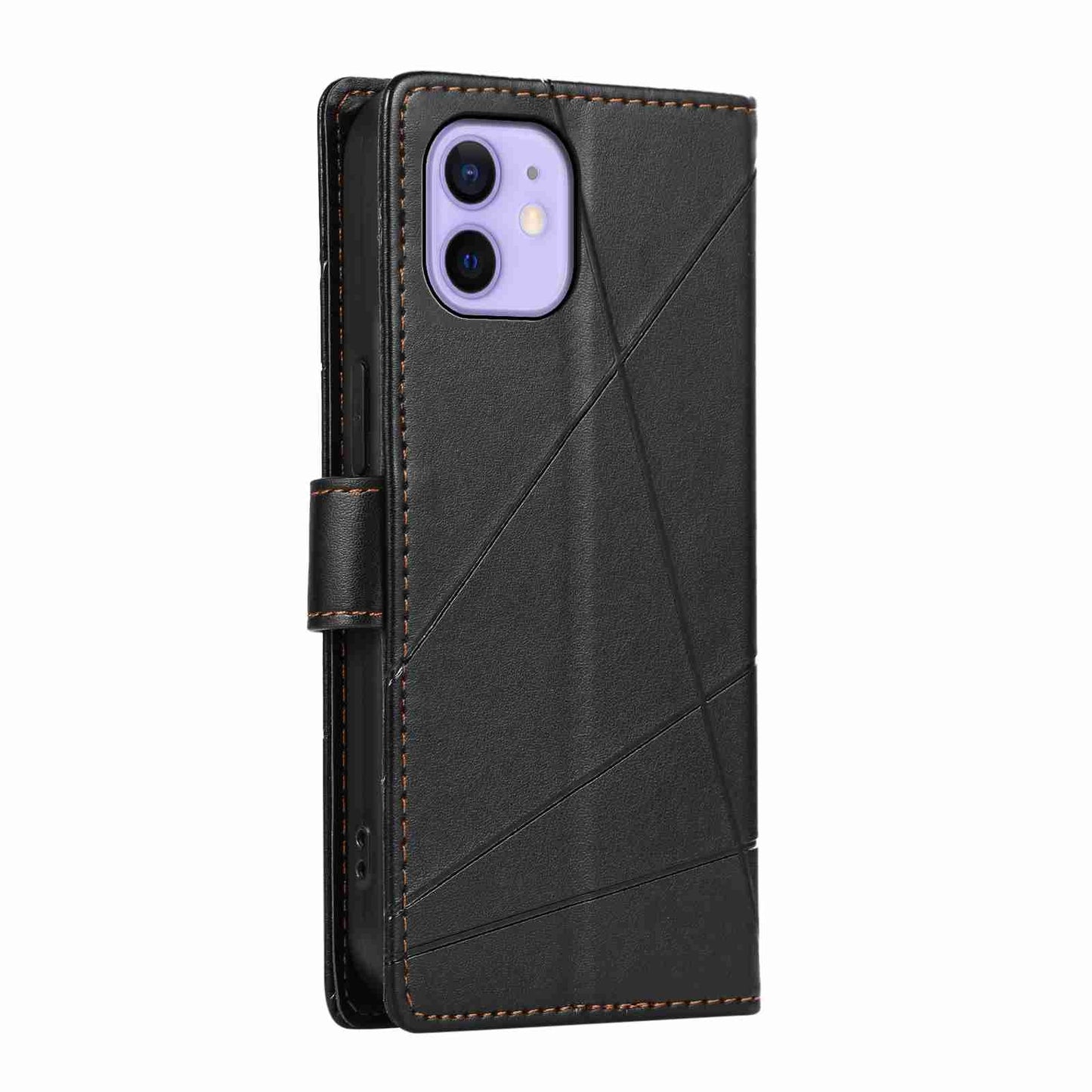 iPhone 12 Mini PU Genuine Leather Texture Embossed Line Phone Case with Card Wallet, Kickstand & Wrist Strap