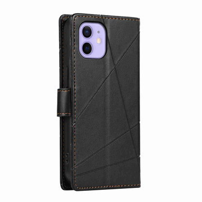 iPhone 12 Mini PU Genuine Leather Texture Embossed Line Phone Case with Card Wallet, Kickstand & Wrist Strap