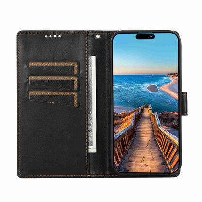 iPhone 12 Mini PU Genuine Leather Texture Embossed Line Phone Case with Card Wallet, Kickstand & Wrist Strap
