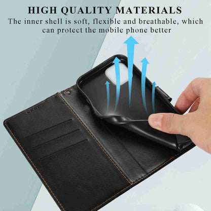 iPhone 12 Mini PU Genuine Leather Texture Embossed Line Phone Case with Card Wallet, Kickstand & Wrist Strap