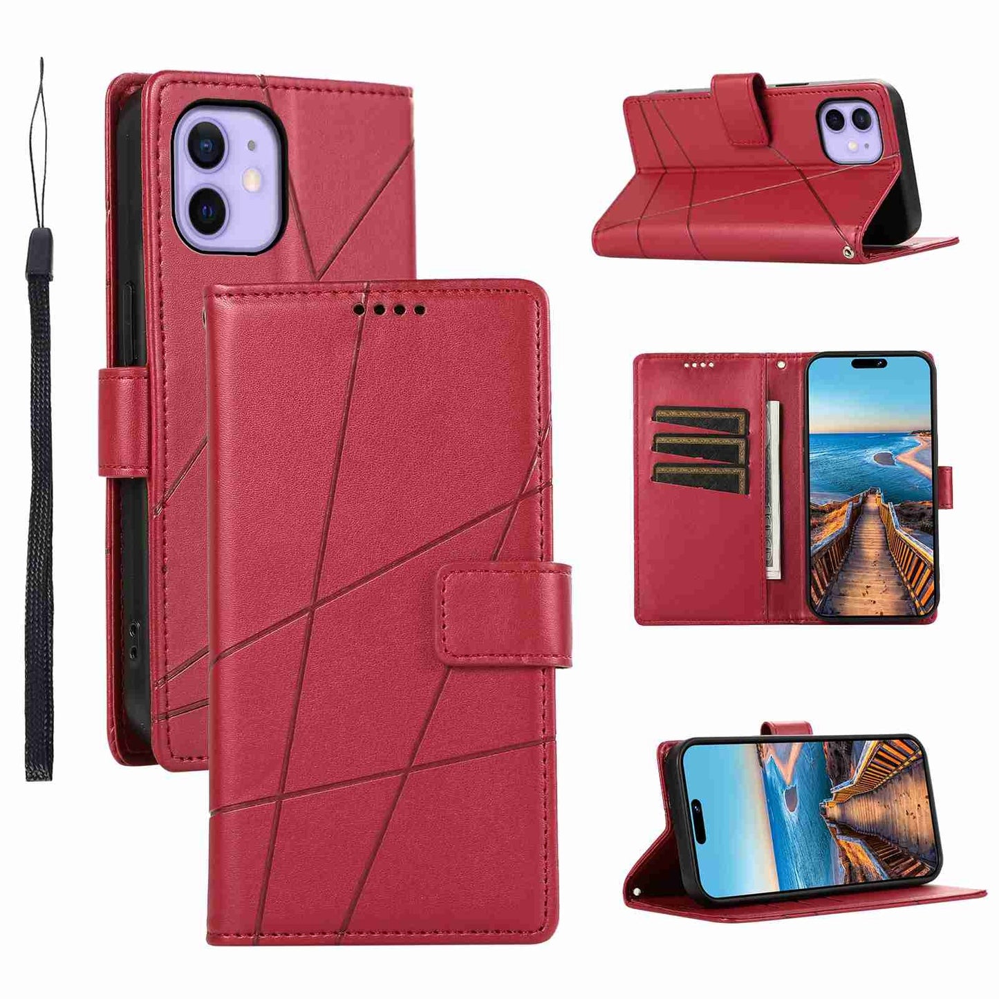 iPhone 12 Mini PU Genuine Leather Texture Embossed Line Phone Case with Card Wallet, Kickstand & Wrist Strap