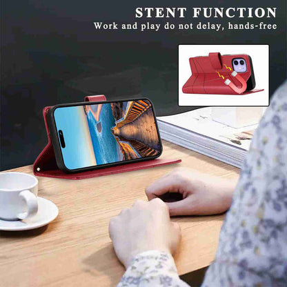 iPhone 12 Mini PU Genuine Leather Texture Embossed Line Phone Case with Card Wallet, Kickstand & Wrist Strap