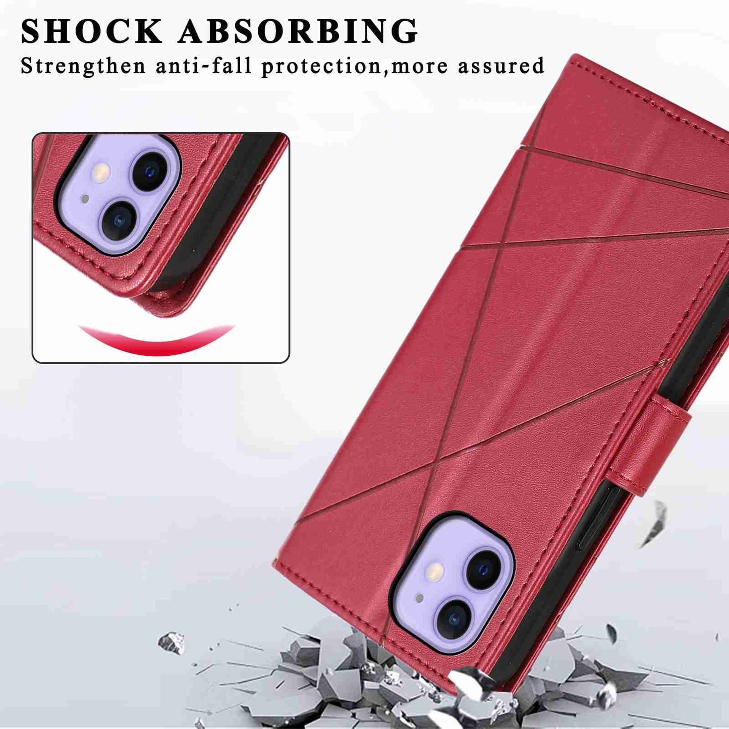 iPhone 12 Mini PU Genuine Leather Texture Embossed Line Phone Case with Card Wallet, Kickstand & Wrist Strap