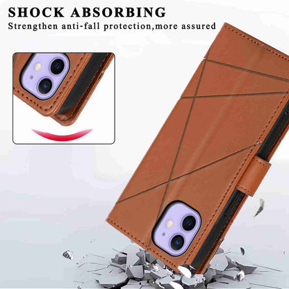 iPhone 12 Mini PU Genuine Leather Texture Embossed Line Phone Case with Card Wallet, Kickstand & Wrist Strap