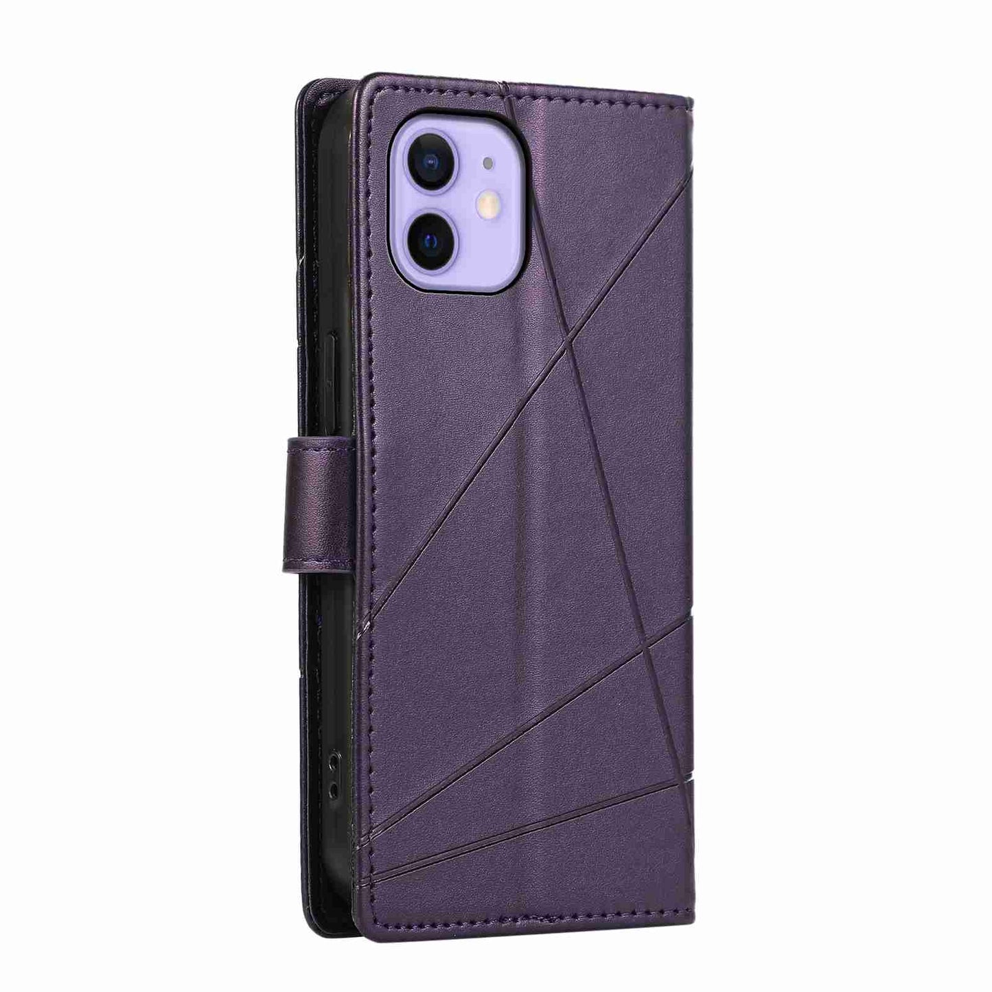 iPhone 12 Mini PU Genuine Leather Texture Embossed Line Phone Case with Card Wallet, Kickstand & Wrist Strap