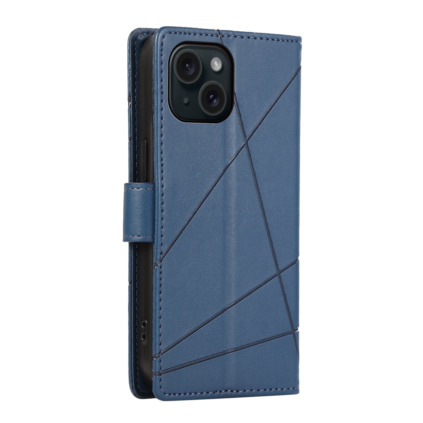 iPhone 15 PU Genuine Leather Texture Embossed Line Phone Case with Card Wallet, Kickstand & Wrist Strap