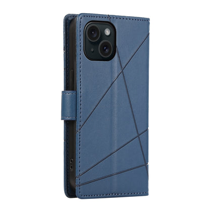iPhone 15 PU Genuine Leather Texture Embossed Line Phone Case with Card Wallet, Kickstand & Wrist Strap