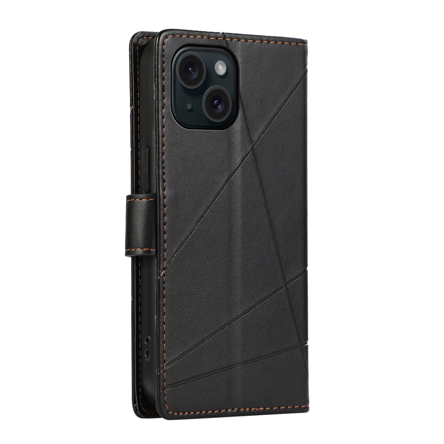 iPhone 15 PU Genuine Leather Texture Embossed Line Phone Case with Card Wallet, Kickstand & Wrist Strap