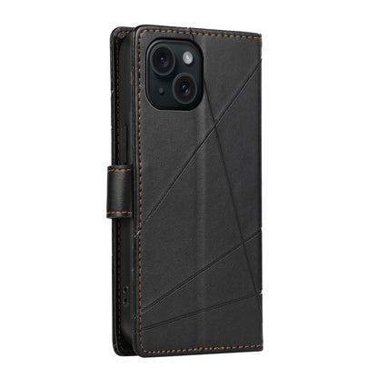 iPhone 15 PU Genuine Leather Texture Embossed Line Phone Case with Card Wallet, Kickstand & Wrist Strap