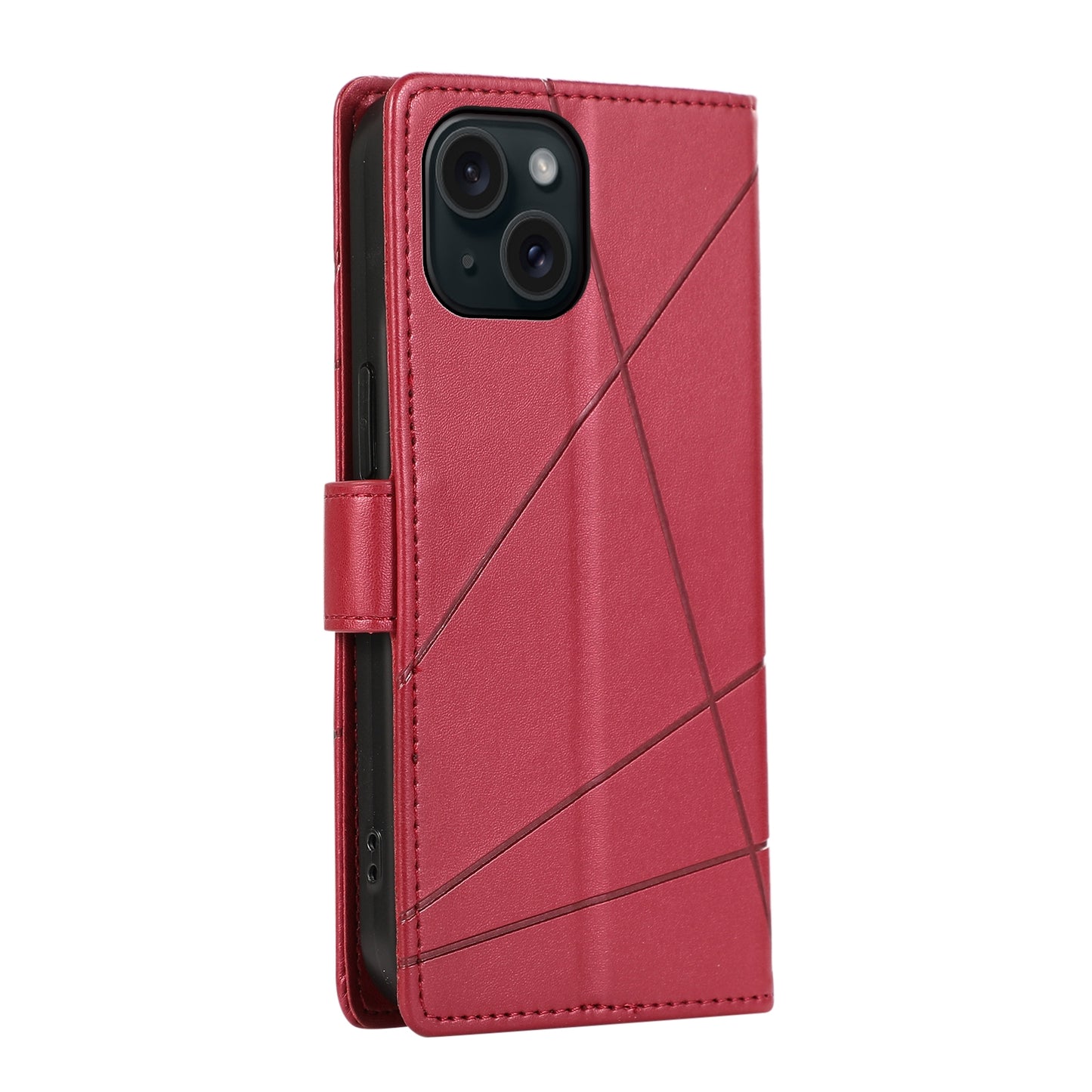 iPhone 15 PU Genuine Leather Texture Embossed Line Phone Case with Card Wallet, Kickstand & Wrist Strap