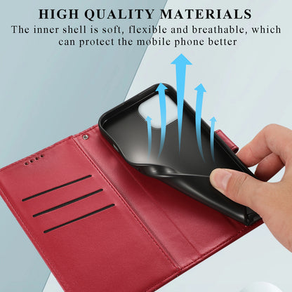iPhone 15 PU Genuine Leather Texture Embossed Line Phone Case with Card Wallet, Kickstand & Wrist Strap