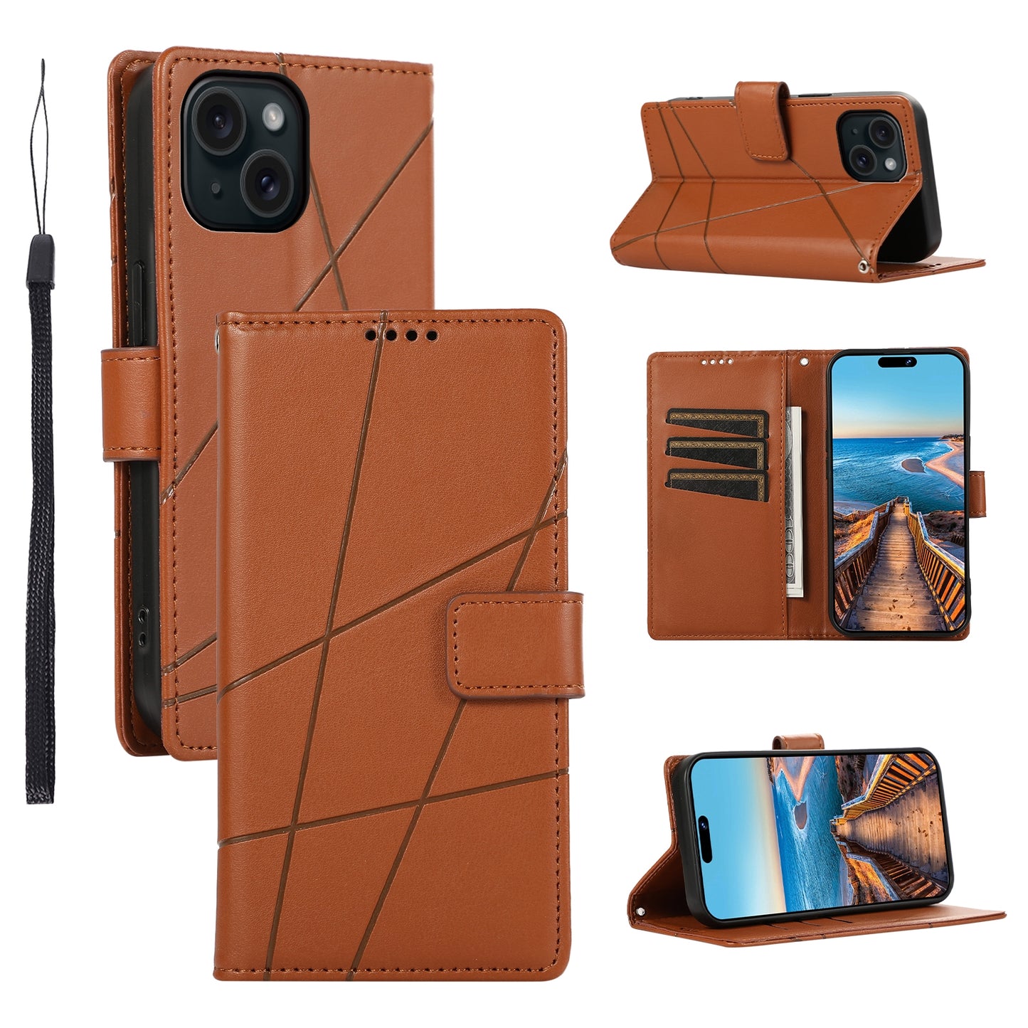 iPhone 15 PU Genuine Leather Texture Embossed Line Phone Case with Card Wallet, Kickstand & Wrist Strap
