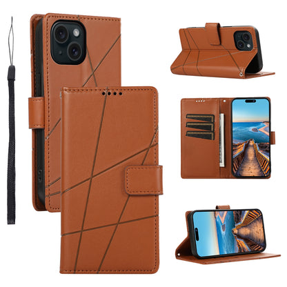 iPhone 15 PU Genuine Leather Texture Embossed Line Phone Case with Card Wallet, Kickstand & Wrist Strap