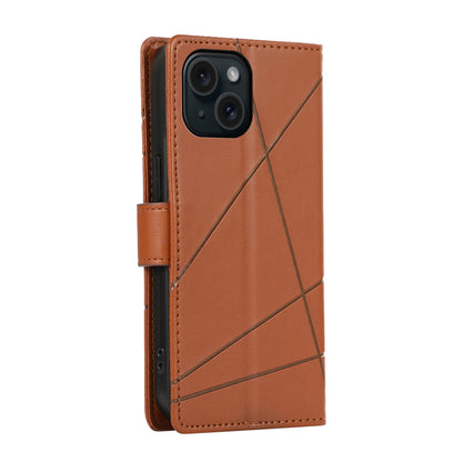 iPhone 15 PU Genuine Leather Texture Embossed Line Phone Case with Card Wallet, Kickstand & Wrist Strap