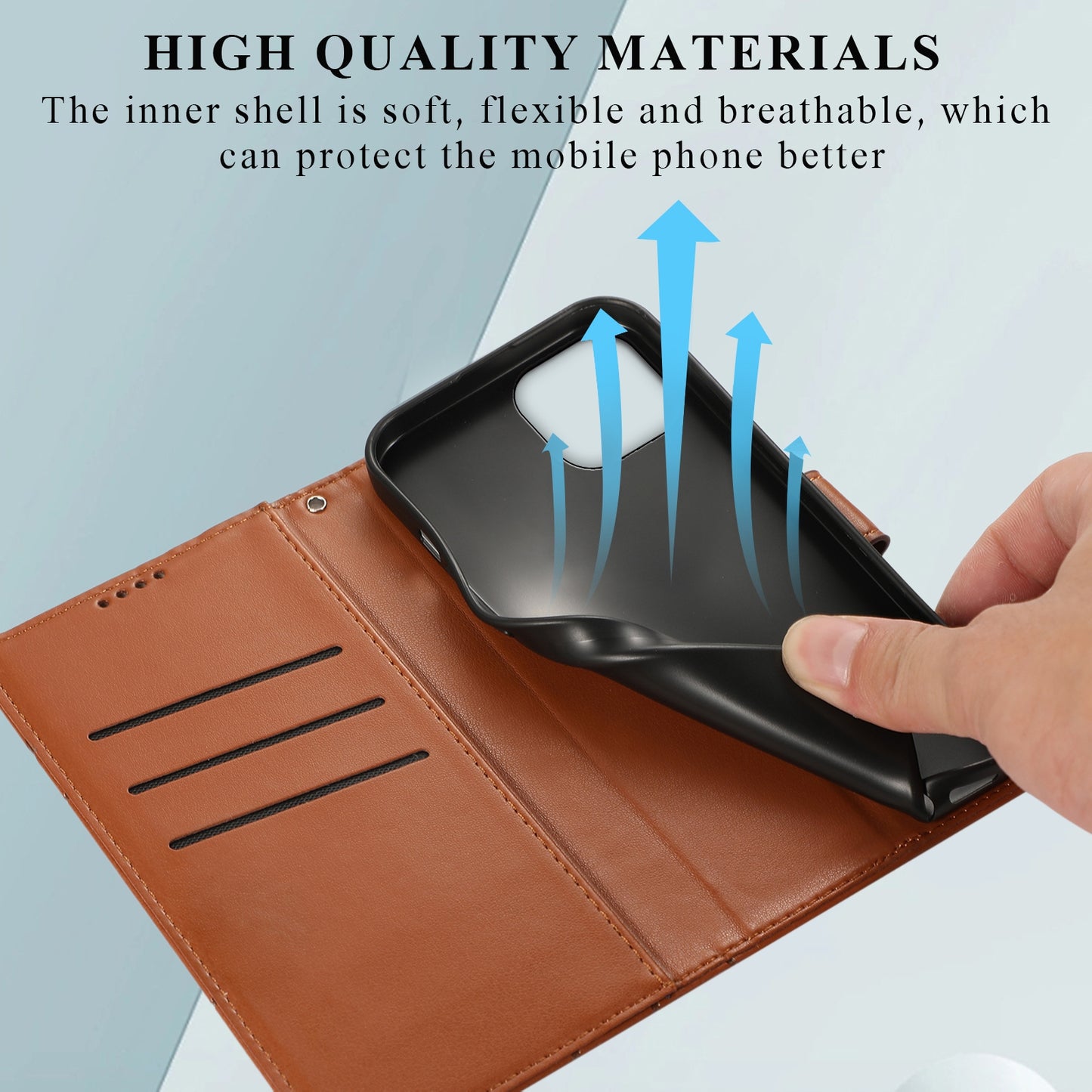 iPhone 15 PU Genuine Leather Texture Embossed Line Phone Case with Card Wallet, Kickstand & Wrist Strap