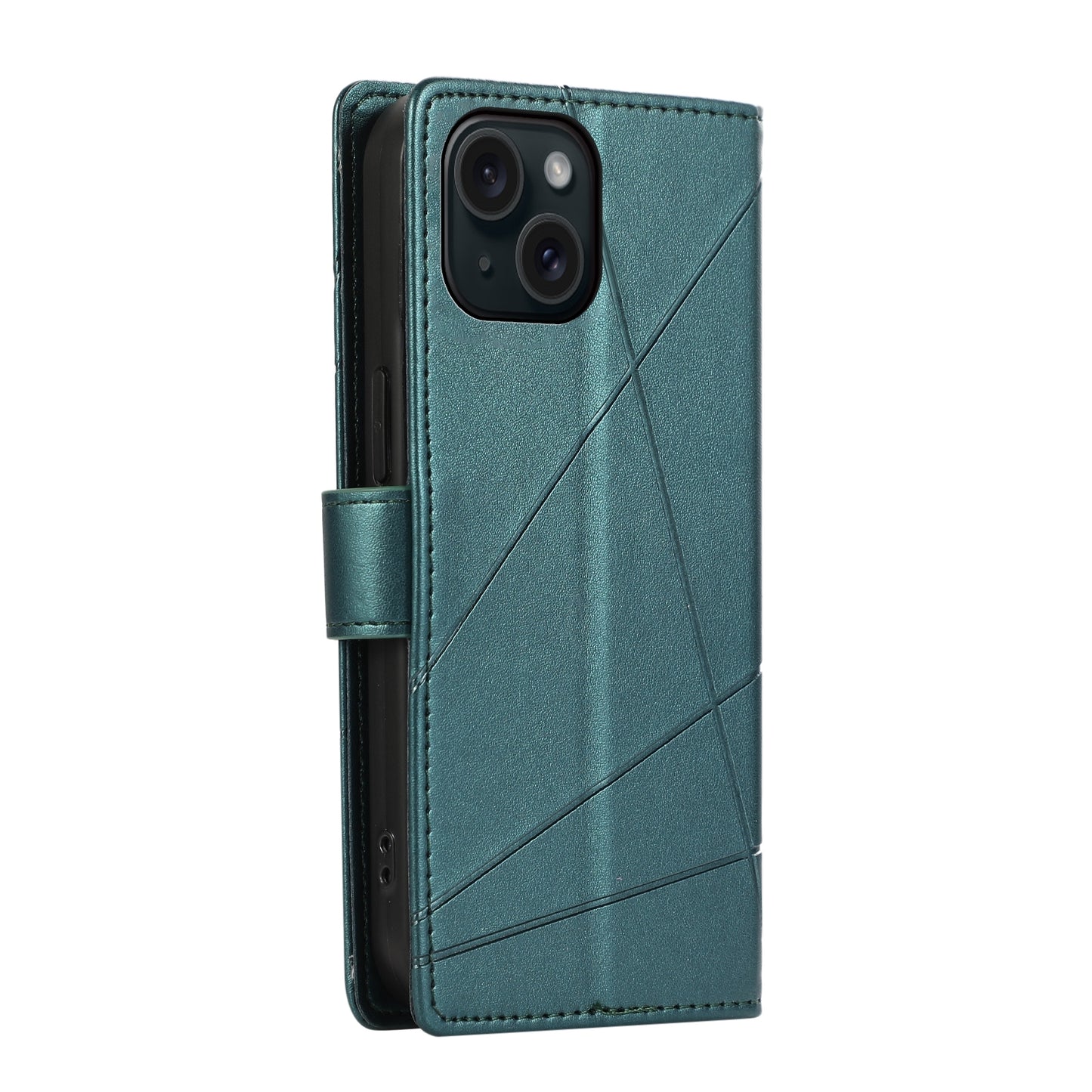 iPhone 15 PU Genuine Leather Texture Embossed Line Phone Case with Card Wallet, Kickstand & Wrist Strap