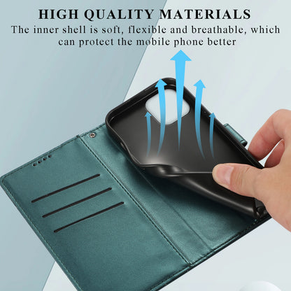 iPhone 15 PU Genuine Leather Texture Embossed Line Phone Case with Card Wallet, Kickstand & Wrist Strap