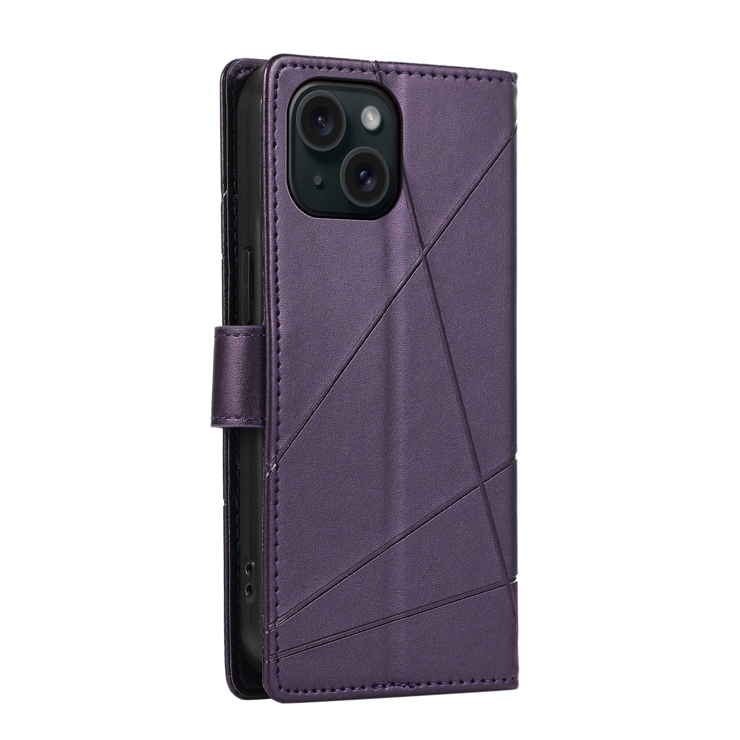 iPhone 15 PU Genuine Leather Texture Embossed Line Phone Case with Card Wallet, Kickstand & Wrist Strap