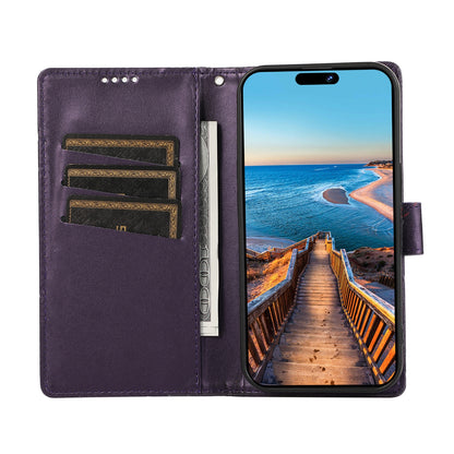 iPhone 15 PU Genuine Leather Texture Embossed Line Phone Case with Card Wallet, Kickstand & Wrist Strap