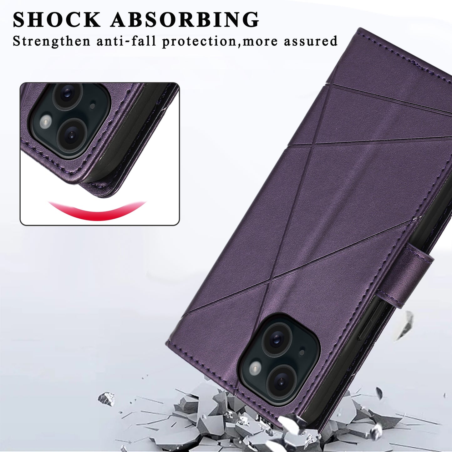 iPhone 15 PU Genuine Leather Texture Embossed Line Phone Case with Card Wallet, Kickstand & Wrist Strap