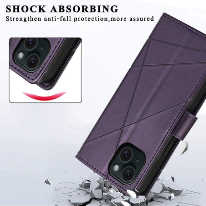 iPhone 15 PU Genuine Leather Texture Embossed Line Phone Case with Card Wallet, Kickstand & Wrist Strap