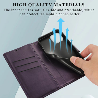 iPhone 15 PU Genuine Leather Texture Embossed Line Phone Case with Card Wallet, Kickstand & Wrist Strap